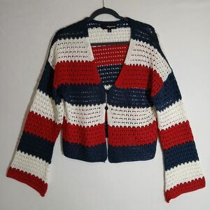 33 Degrees Sweater Womens Large Crochet Red Navy White Soft Girl Romantic #673